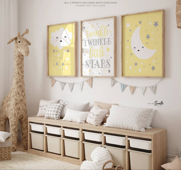 Yellow and gray twin nursery decor, boy girl shared nursery art, twin wall boy/girl room decor, twin silver sparkles stars celestial theme