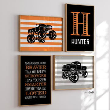 Monster truck wall personalized name for boys room decor, truck theme wall prints, boys monster truck with name, toddler truck bedroom decor