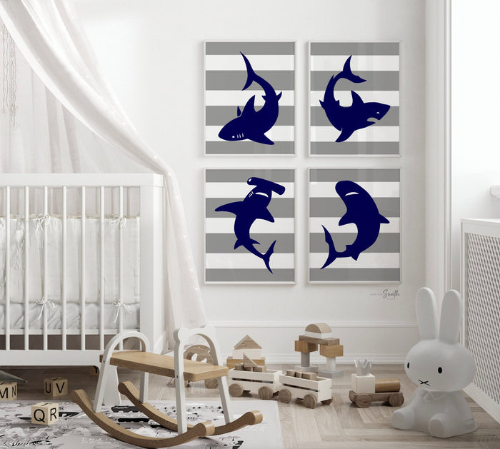 Shark playroom art, boys shark bedroom decor, toddler shark room, kids shark decor, childrens shark art, shark kids bedroom theme navy blue