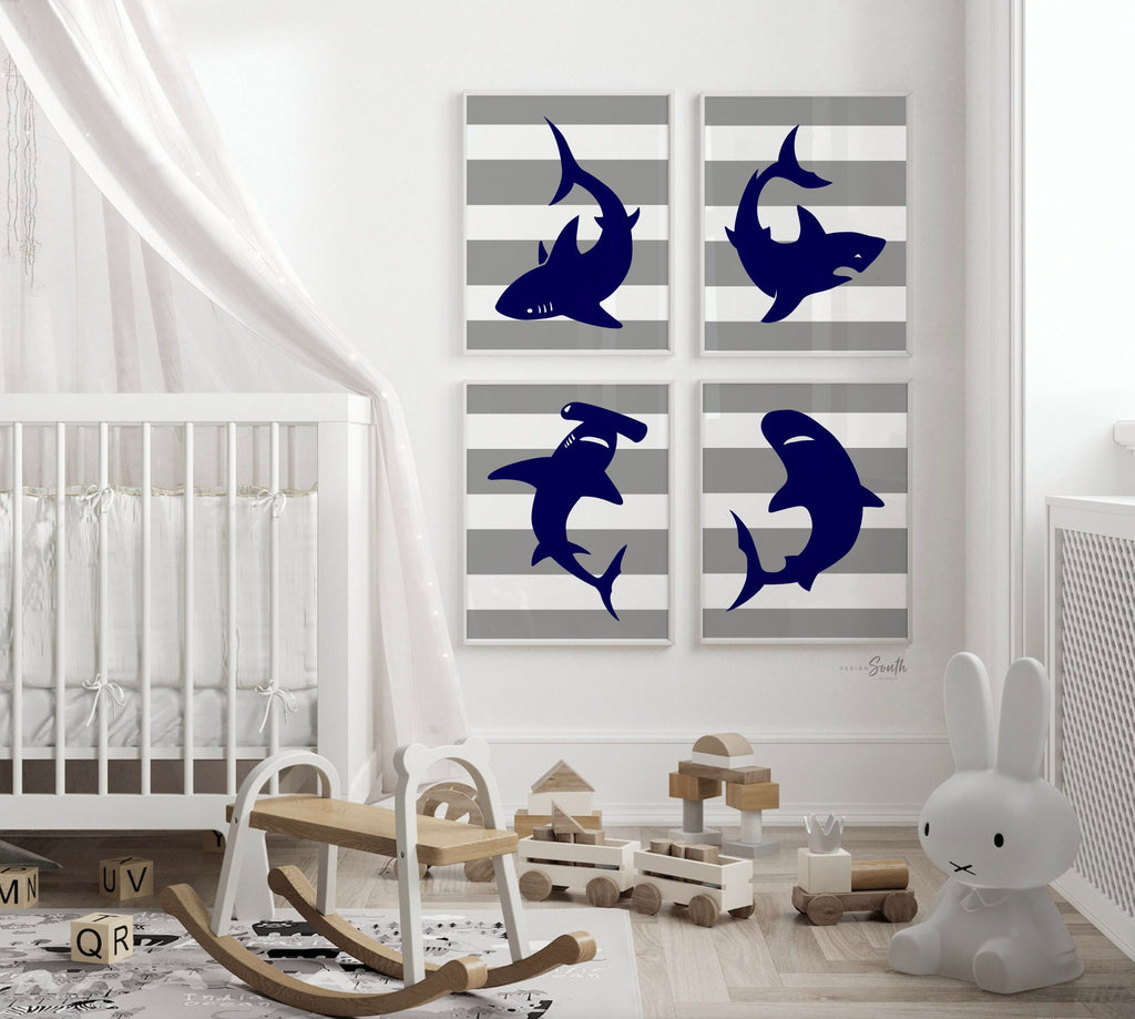 Shark playroom art, boys shark bedroom decor, toddler shark room, kids shark decor, childrens shark art, shark kids bedroom theme navy blue
