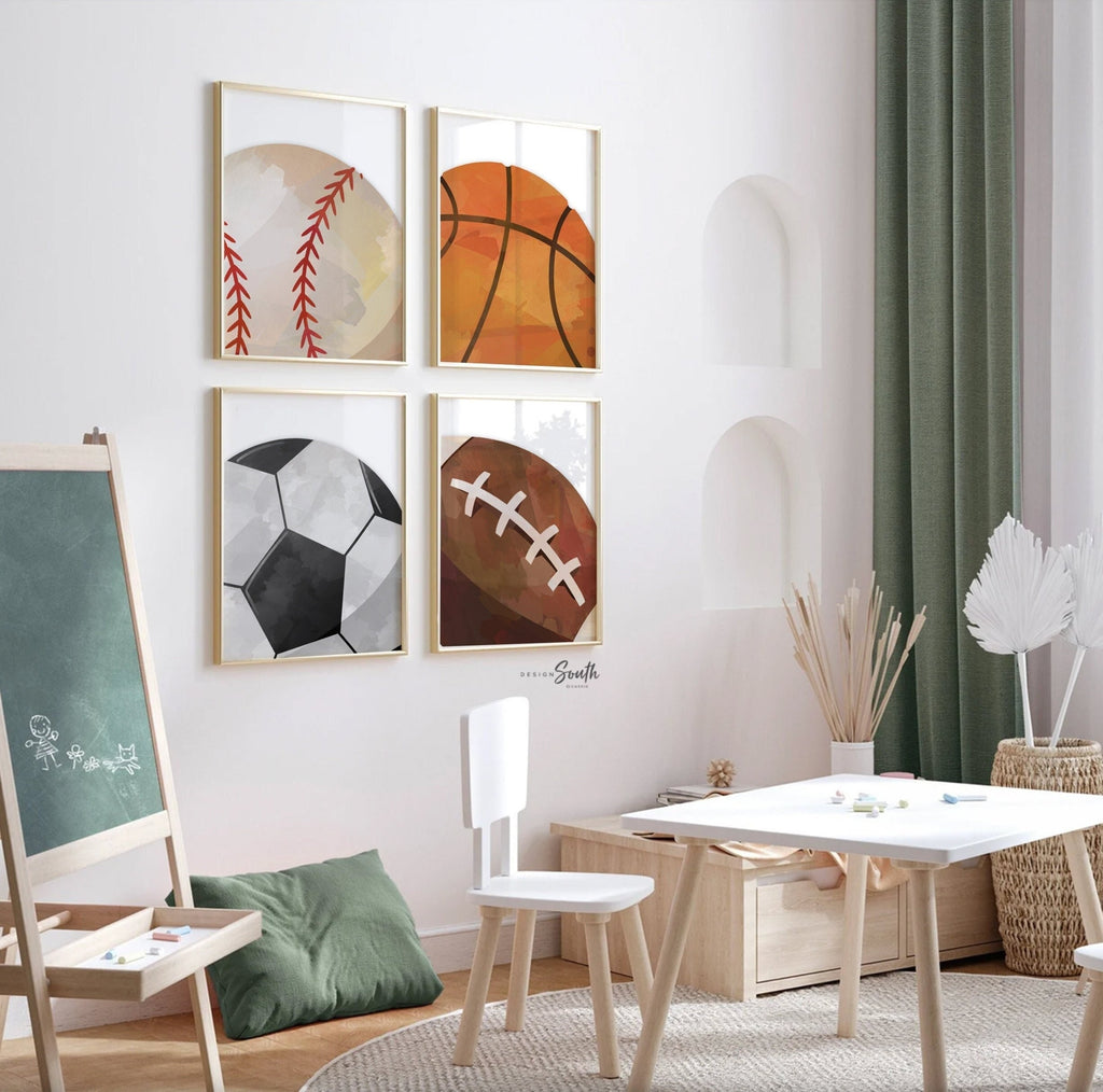 Boys room sports decor, basketball baseball football soccer wall art posters, athletic kid room, sports theme gift for boy, nursery sports