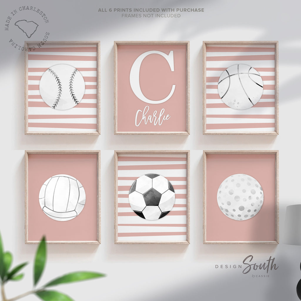 Pink sports art, little girl room sports themed, girly sports art, toddler girl athletic art, baby girl sports nursery pink gray wall art