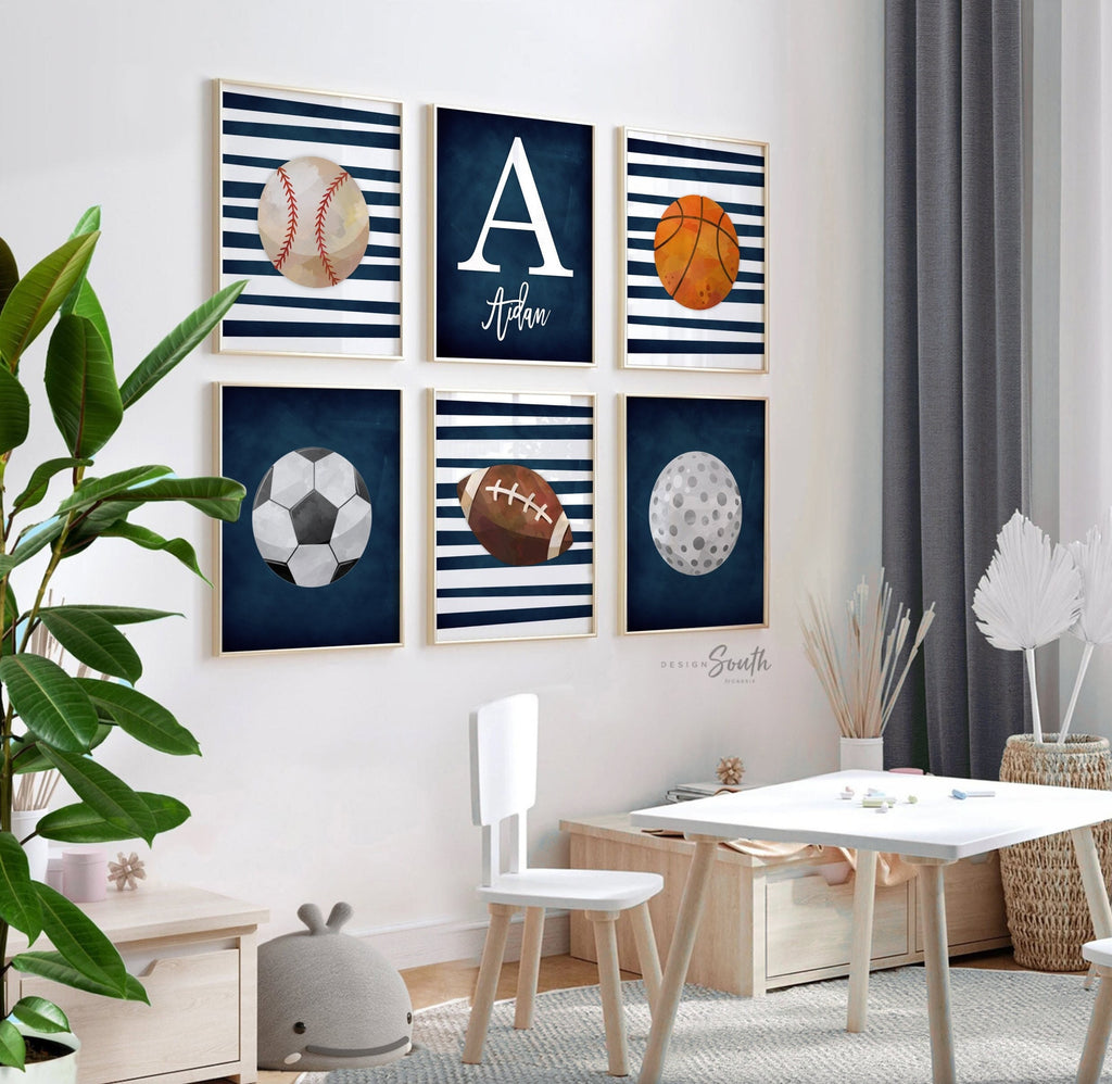 Sports collection print set boys name, sports theme wall pictures, sports art personalized gift, baseball football kids wall art boy nursery