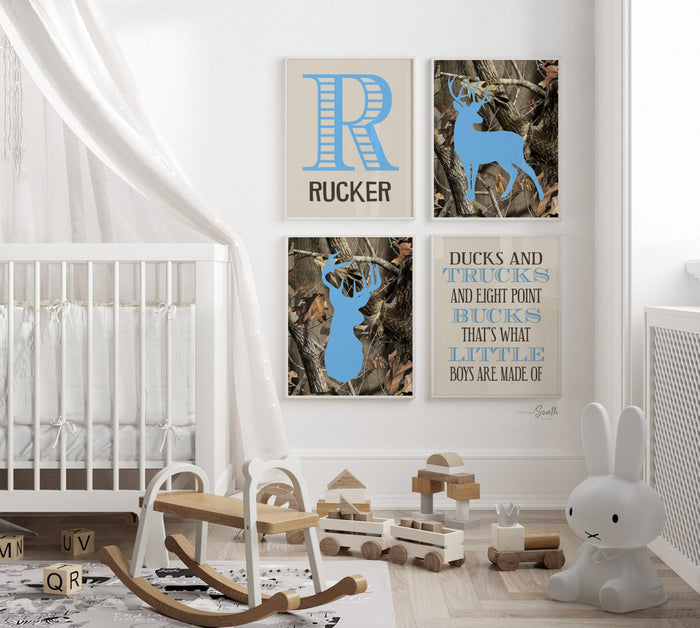 Blue Camo Deer Nursery Decor — Eight Point Buck Name Prints