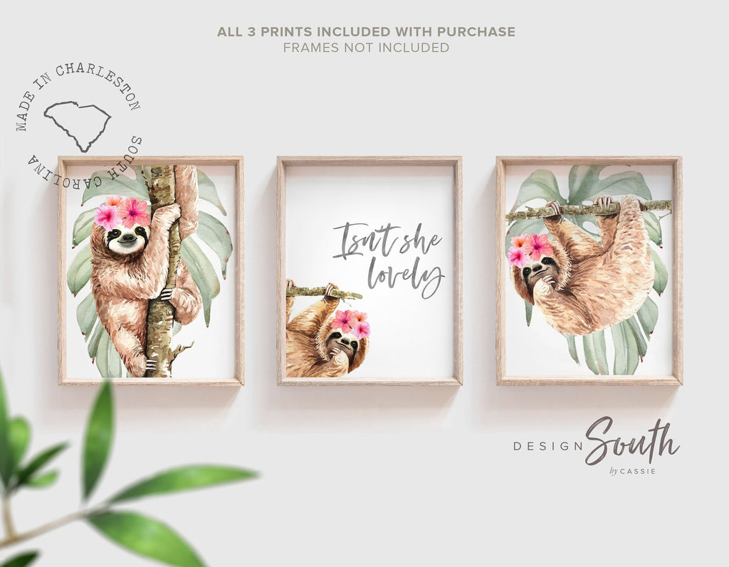 Isnt she lovely, baby girl sloth wall art, sloths with pink flower crowns, animal print ideas for girl nursery, girl bedroom sloth themed