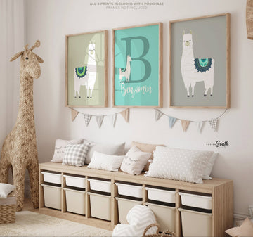 Boho llama alpaca nursery boy, teal blue green boy bedroom llama art, desert themed room kid decor, modern llama themed room, boy llama gift