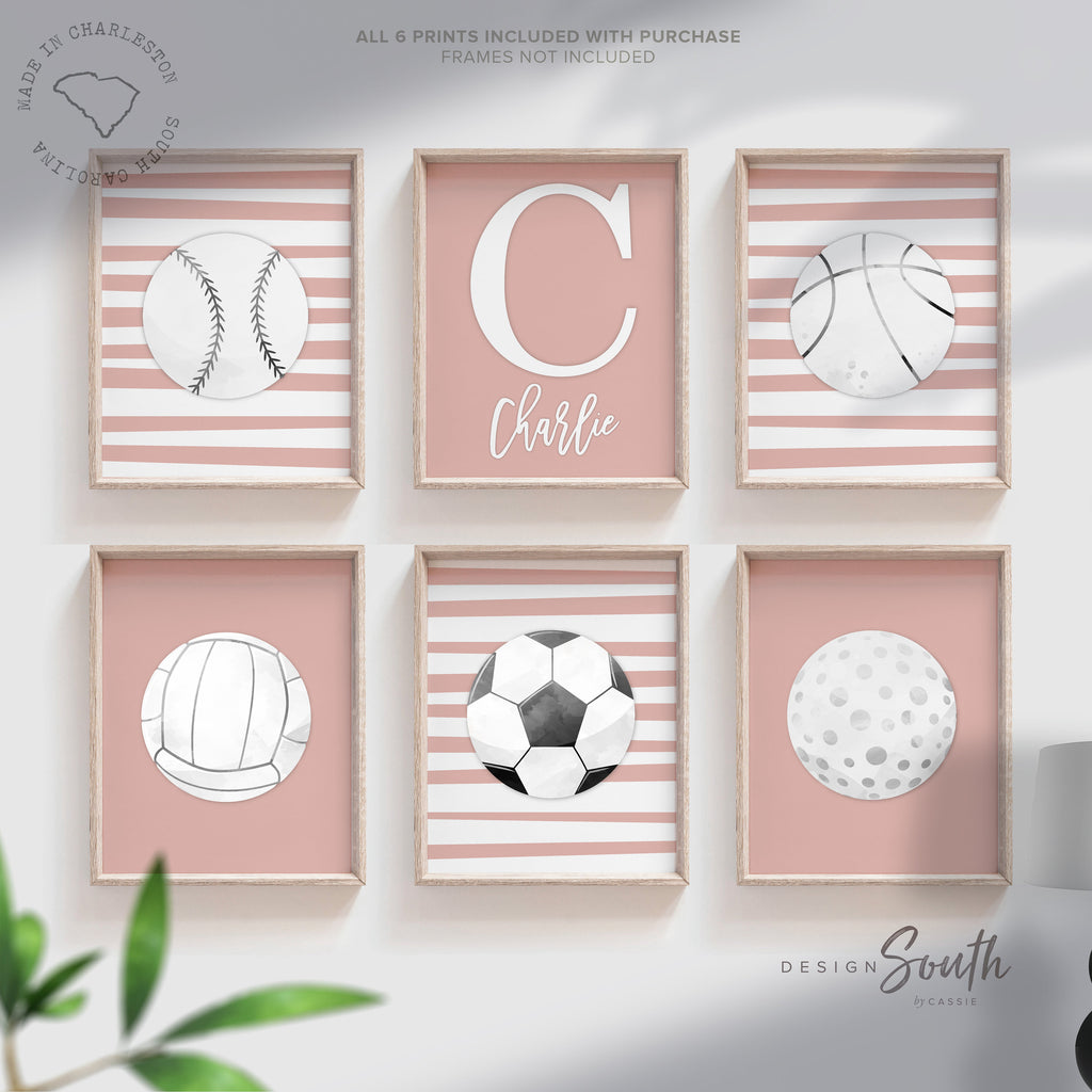 Pink sports art, little girl room sports themed, girly sports art, toddler girl athletic art, baby girl sports nursery pink gray wall art