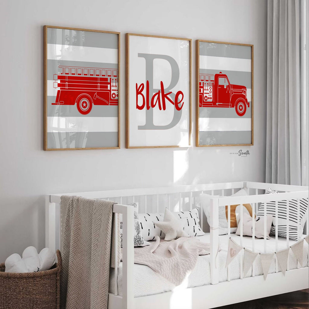 Firefighter nursery art, baby boy fireman gift, wall art boys bedroom decor, fire truck theme decor, kids fireman wall art prints baby boy