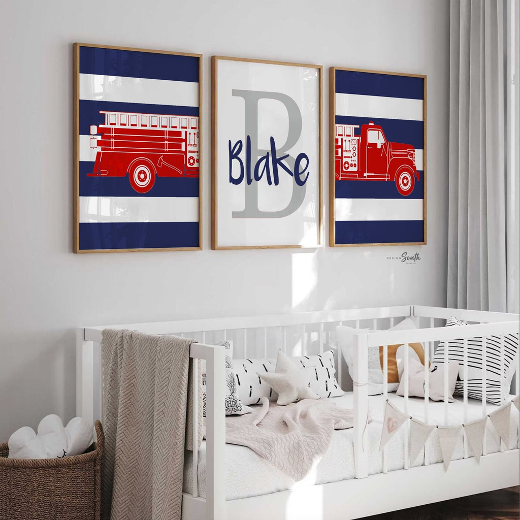 Fire truck boys bedroom theme decor, firefighter nursery art, navy blue and red firetruck art, boy firetruck decor, boy wall art firefighter