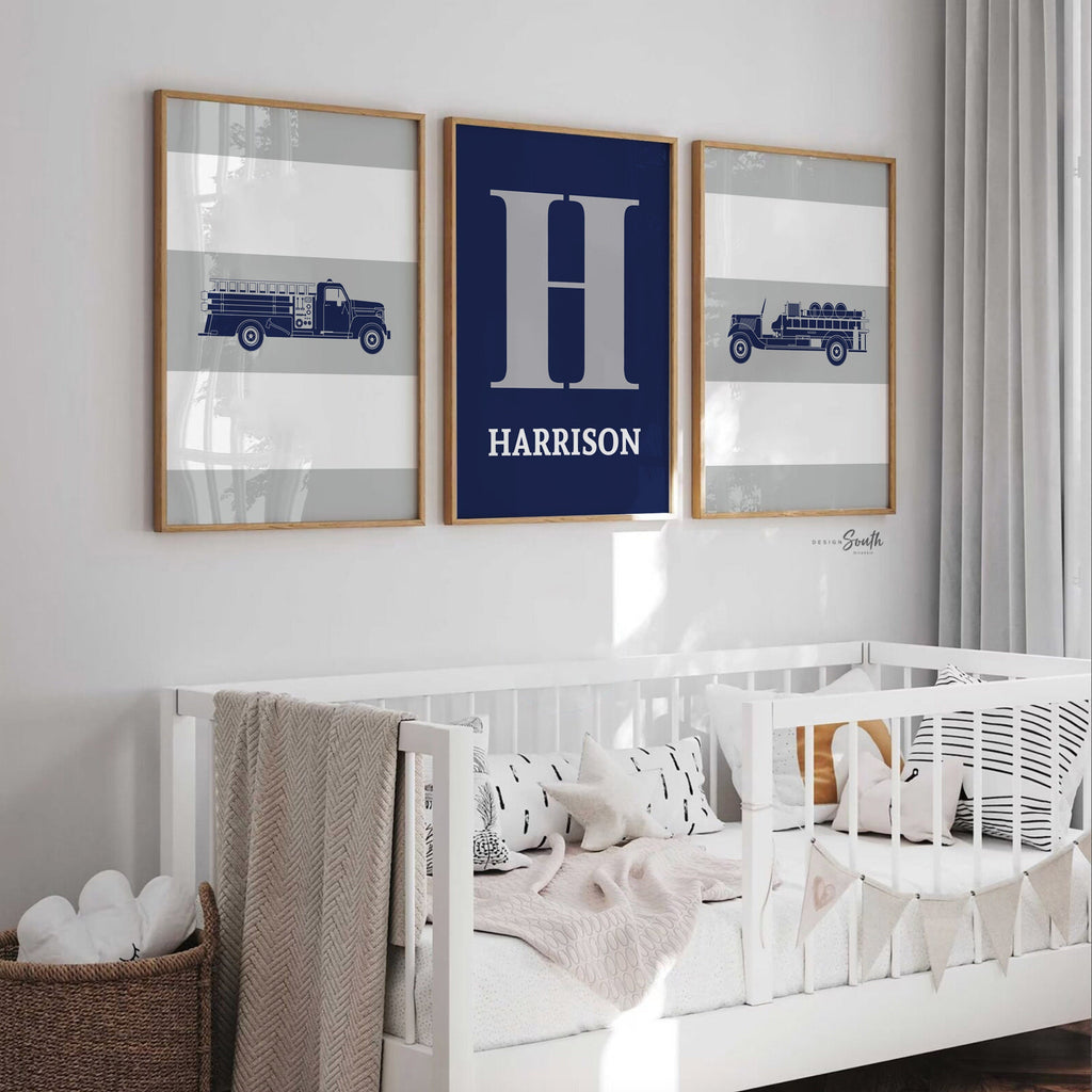 Fire truck nursery decor, firefighter nursery art, navy firetruck art, firetruck theme, boys firetruck decor, boy wall art, firefighter art