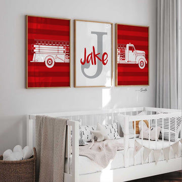 Fire truck nursery decor, boys nursery decor, fire truck theme, fireman baby boy nursery, red fireman theme, firetruck boys bedroom prints