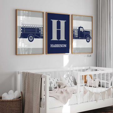 Fire truck nursery decor, little firefighter gift, navy firetruck art, firetruck theme, boys firetruck decor, boy wall art firefighter gift