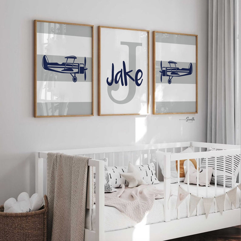 Navy blue and gray boys airplane decor, blue and gray airplane art, aviation boys room, boys bedroom aviation, big boy bedroom airplanes