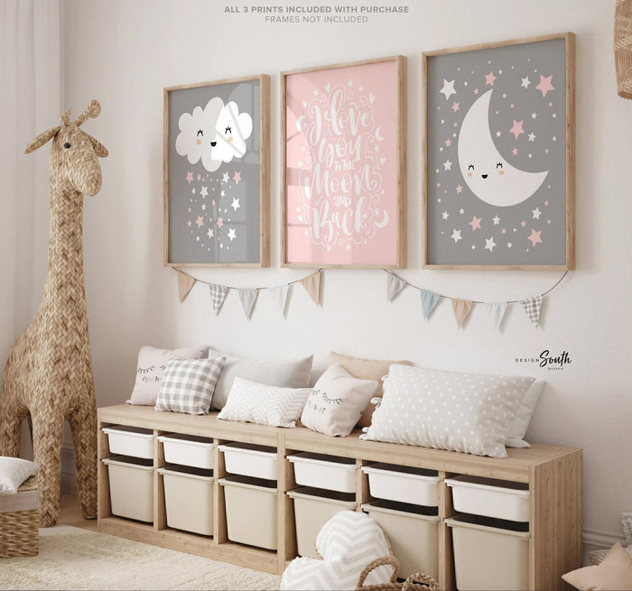 Pink gray nursery decor, star cloud moon girl room, love you to the moon nursery art, star nursery, baby nursery quote, pink gray baby decor