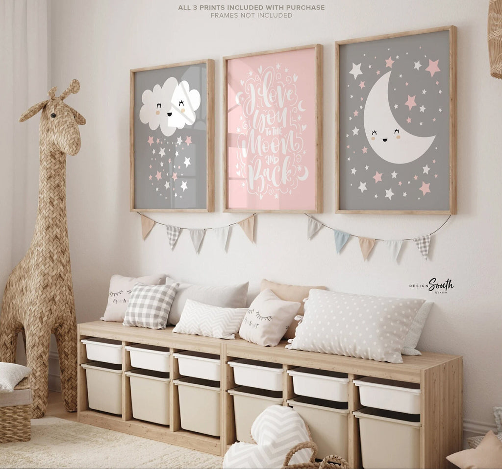 Pink gray nursery decor, star cloud moon girl room, love you to the moon nursery art, star nursery, baby nursery quote, pink gray baby decor