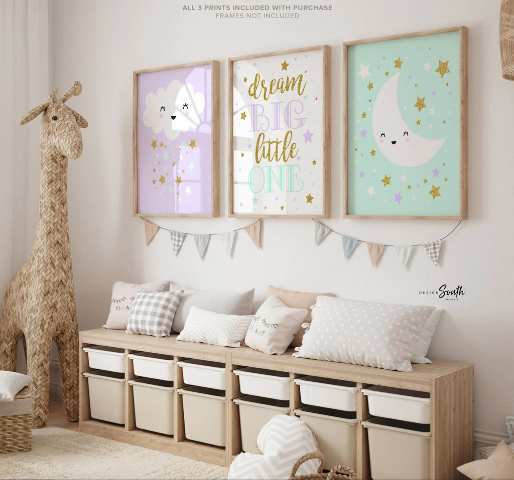 Girls nursery art, purple lilac mint gold, dream big, stars clouds moon, wall decor for baby girl room, baby shower gift girl, nursery art