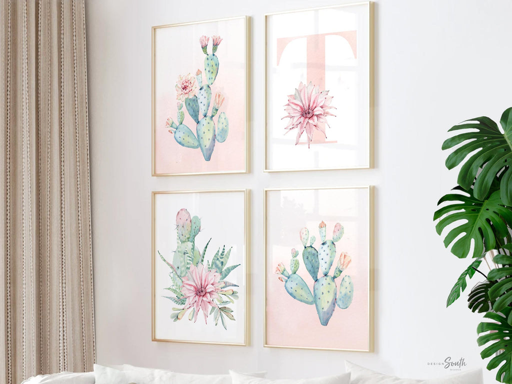 Baby girl boho cactus nursery, walls pink floral cactus prints, set of 4 flower prints, desert theme cactus bloom art, nursery succulents