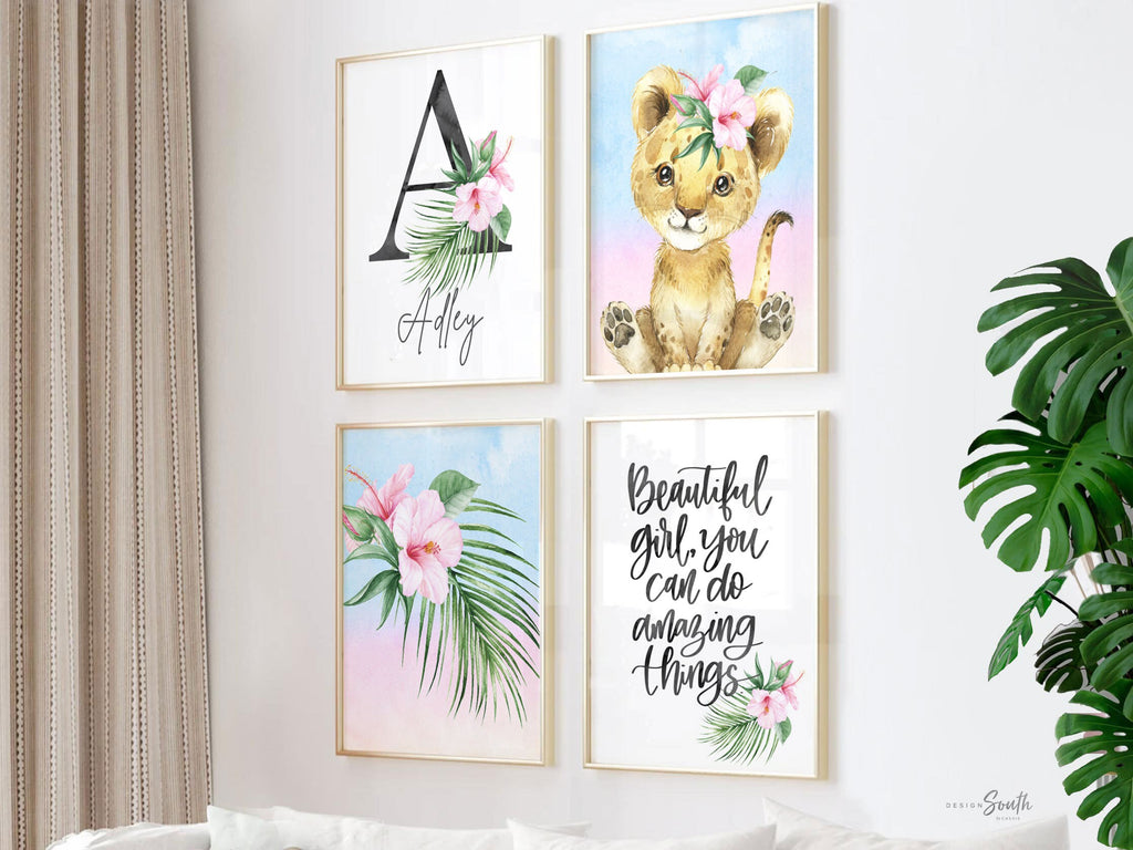 Girl nursery decor, pink safari animal nursery art, lion cub print, tropical baby room, animal kid gift, beautiful girl amazing things quote