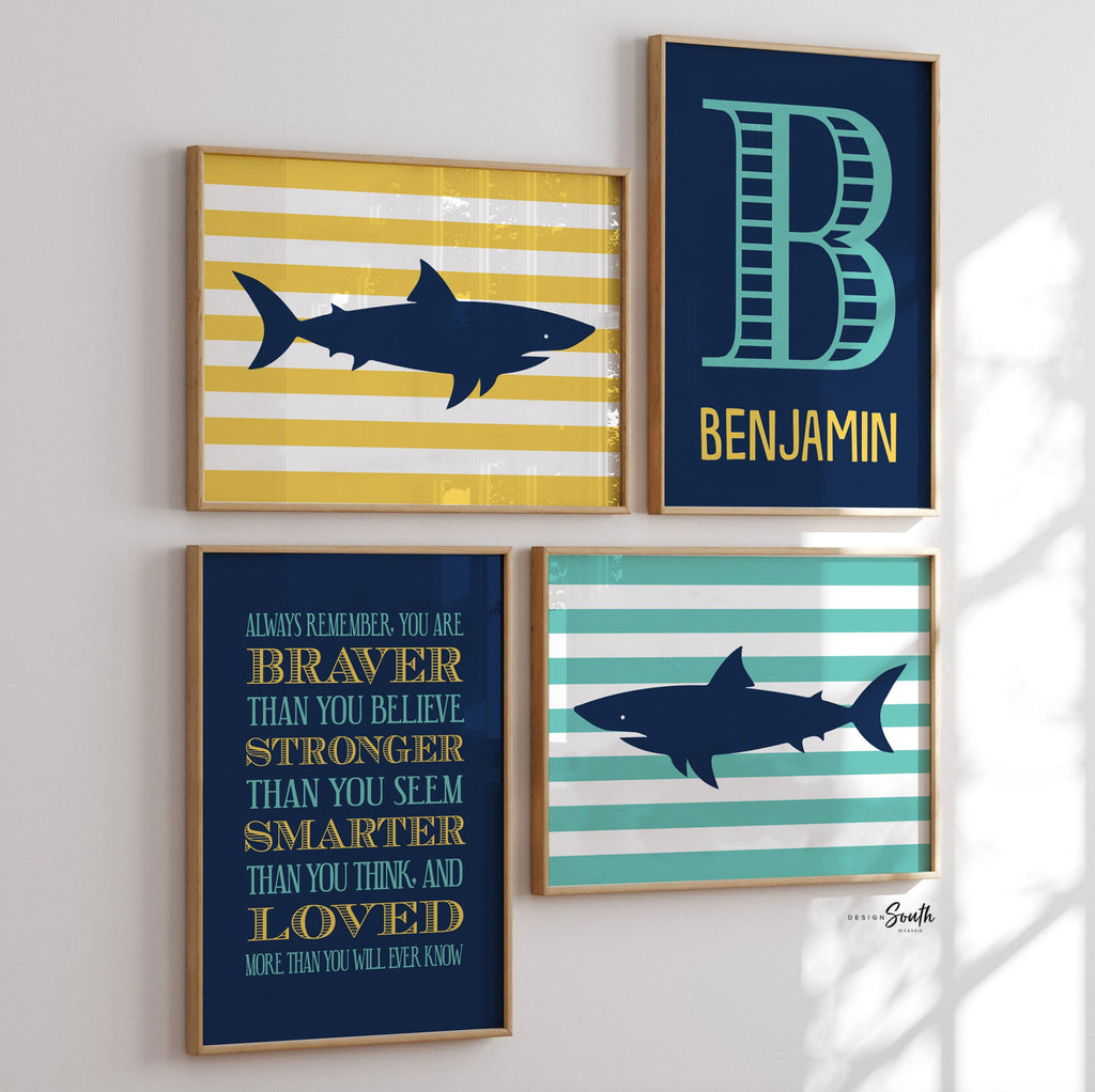 Boys nursery decor, shark nursery decor, personalized print for boys, yellow, teal, navy blue, boys bedroom wall decor, quote for boys room