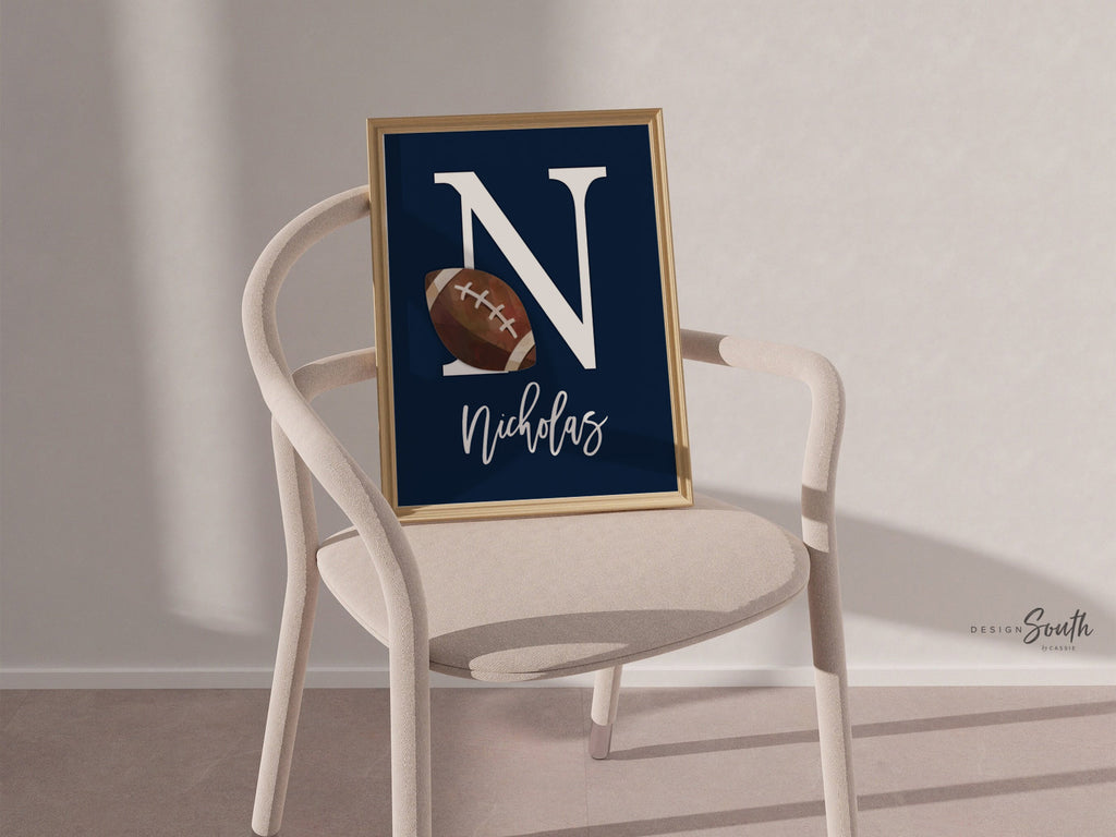Sports birthday party gift, boys nursery decor, navy blue nursery wall art, boys monogram personalized sports print, big boy bedroom decor