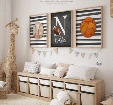 Sports wall prints for kid room, sports balls wall pictures, sports art personalized gift, basketball baseball football wall art boy nursery