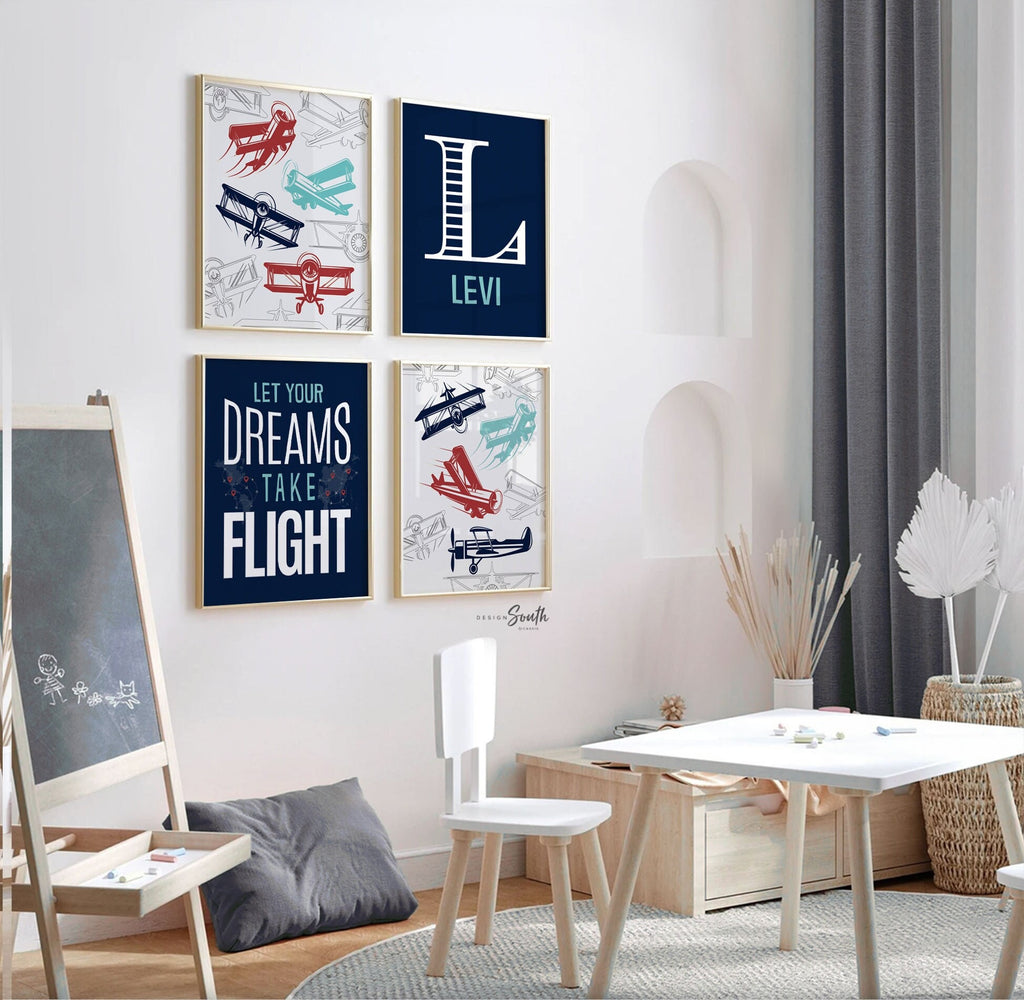 Vintage airplanes, aviation, airplane bedroom art, airplane nursery decor, let your dreams take flight, airplane theme bedroom boy, name art