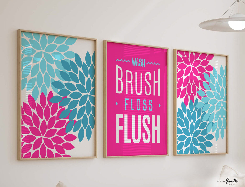 Hot pink girls bathroom decor, wash brush floss, flush art print, floral bathroom decor pink blue, bright colorful bathroom wall art girl