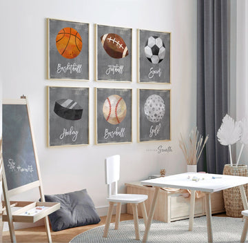 Sports boys room baseball football soccer hockey basketball golf, toddler sports room decor, wall art boys prints neutral gray industrial