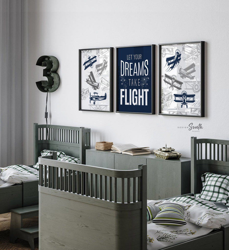 Transform your child&#39;s space with airplane-themed boys&#39; bedroom wall decor. Perfect for a flight transportation-themed room, this collection brings the wonder of aviation to life. Ideal for airplane kids&#39; rooms, nurseries, or bedrooms, these prints capture the spirit of adventure and the thrill of flight. A thoughtful pilot-themed newborn gift, this artwork inspires imagination and dreams of soaring through the skies. Elevate any space with this charming aviation-inspired decor.