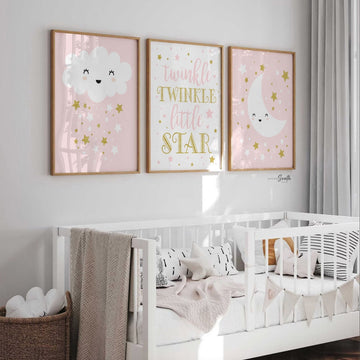 Baby girl nursery pink and gold, wall prints, baby shower gift for baby girl, pink gold decor, moon stars, baby girl wall art, gold sparkles