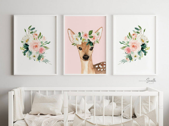Blush pink baby deer nursery for girls, fawn nursery art, nursery decor pink fawn, baby girl woodland, pink woodland nursery, baby deer