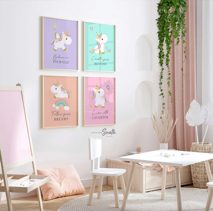 Pastel unicorn nursery art set of four 4, rainbows butterflies unicorns flowers decor, cute baby unicorn nursery wall art prints, pastel art