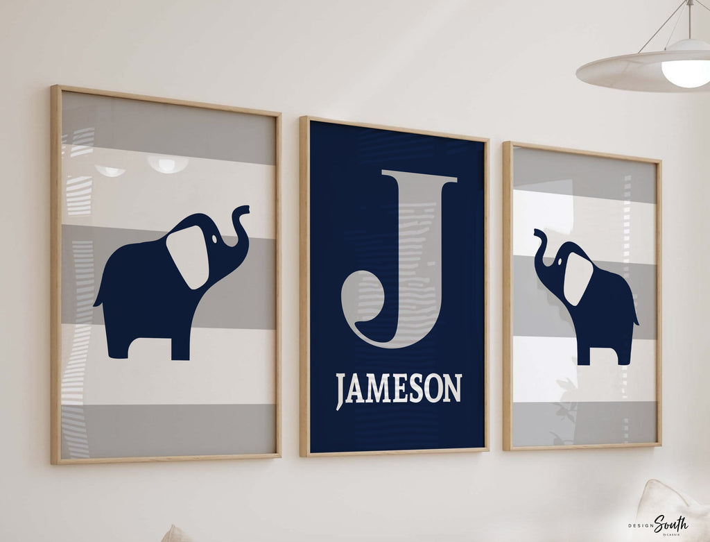 Nursery wall decor, boys art, elephants, navy blue and gray art, wall art for playroom, art for child bedroom, personalized name print boy