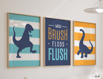 Dinosaur bathroom art, dinosaur bathroom decor, baby dinosaur art, boys dinosaur wall art, orange and blue dinosaurs, bathroom dinosaur art