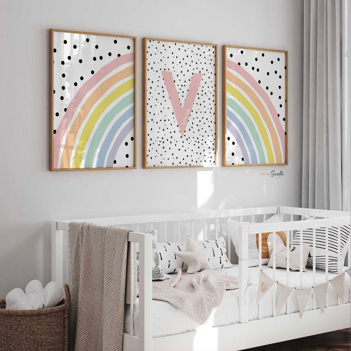 Nursery wall decor, monogram print for girls, pastel baby name art, prints for girl bedroom, playroom print set rainbow, girl's monogram art