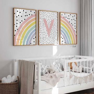 Nursery wall decor, monogram print for girls, pastel baby name art, prints for girl bedroom, playroom print set rainbow, girls monogram art