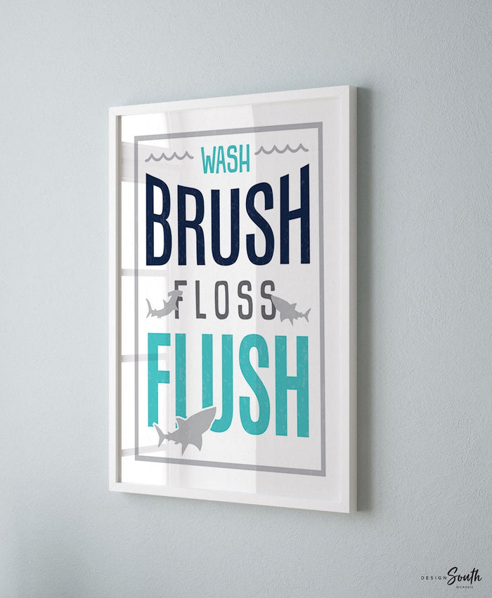 Shark bathroom decor, shark printable aqua navy blue, wash brush floss flush boys bathroom, boys shark bathroom prints, art ocean sign kids