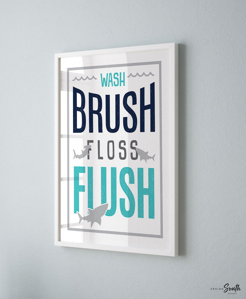 Shark bathroom decor, shark printable aqua navy blue, wash brush floss flush boys bathroom, boys shark bathroom prints, art ocean sign kids