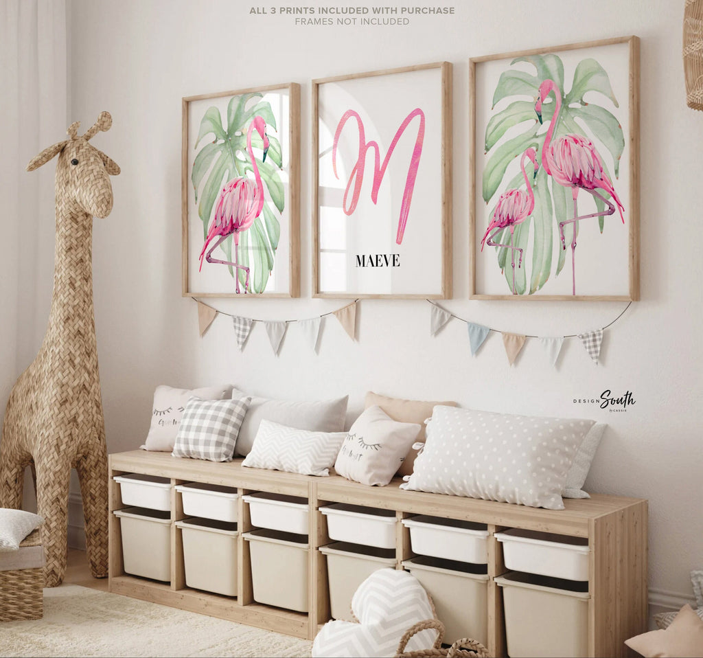 Tropical flamingo nursery, pink green nursery tropical baby, monstera leaf tropical theme baby, trendy nursery wall art decor baby girl gift