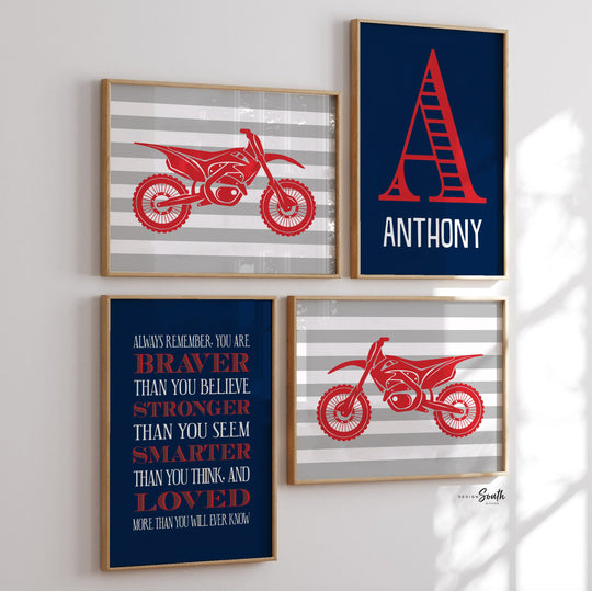 Dirt bike boys art, dirt bike wall art, motorbike racing, motocross dirt bike prints, stunt racing, dirt bike art, gift for boy, red gray and blue