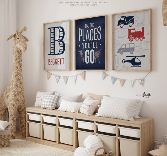 Transportation theme for boys nursery or bedroom, personalized name print for boys, oh the places youll go, blue, red and green print, art