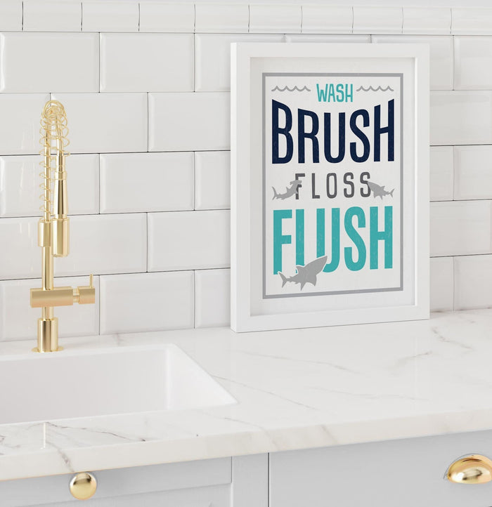 Shark bathroom decor, shark printable aqua navy blue, wash brush floss flush boys bathroom, boys shark bathroom prints, art ocean sign kids