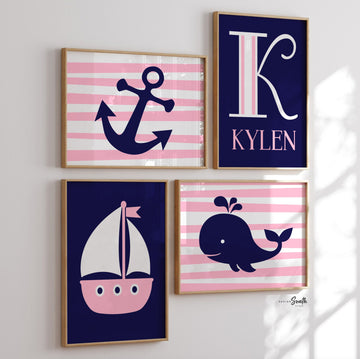 Nautical nursery decor, girls whale nursery, girls nautical bedroom art, nautical nursery art, baby girl nautical nursery art, nautical girl