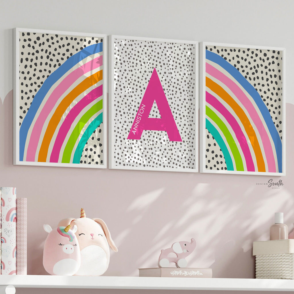 Bright rainbow decor for girl, bedroom decor rainbow theme, blue pink orange teal wall art for girl, bright playroom decor personalized name