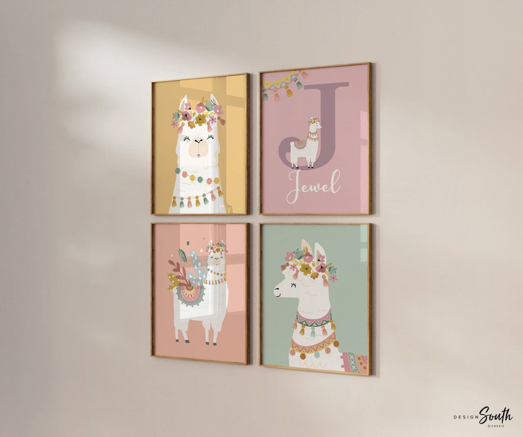 Llama wall decor for nursery, boho baby llama gift, pink green boho room art, prints girl bedroom, art for nursery print set girls llamas