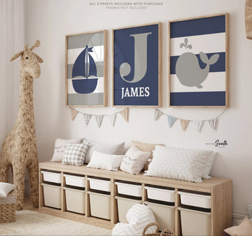 Nautical navy and gray nursery decor, personalized prints, boys name wall art, baby boy nautical room decor, nautical baby shower gift boy