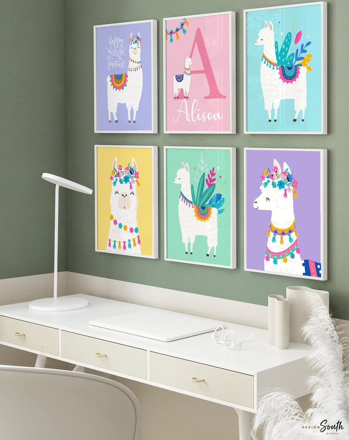 Pastel boho art, baby girls llama nursery wall decor, colorful nursery decor for girl, llama cactus succulent flowers theme nursery girls