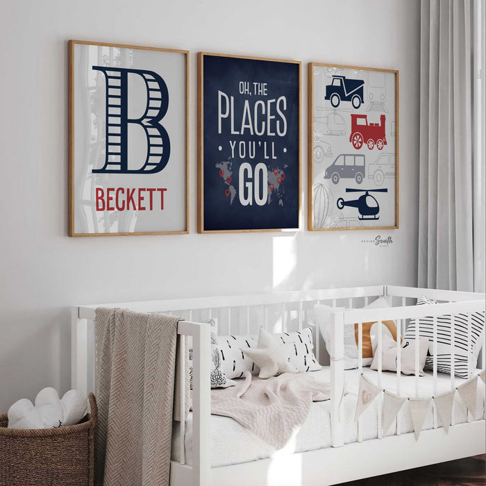 Transportation theme for boys nursery or bedroom, personalized name print for boys, oh the places you'll go, blue, red and green print, art