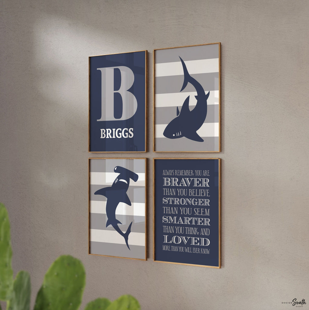 Boys navy blue and gray shark room decor, boys wall art, big boy bedroom, boys shark bedroom personalized name, shark nursery, shark decor
