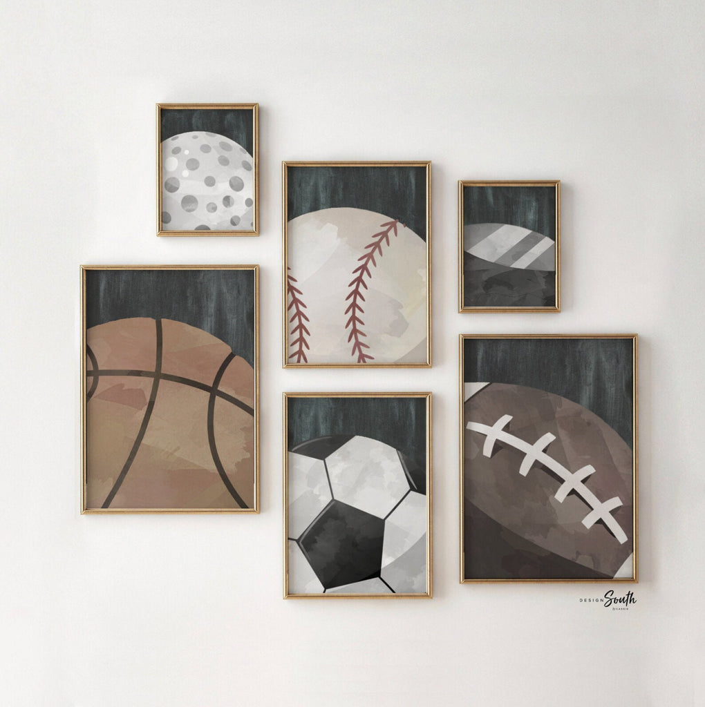 Set of 6 industrial collection kids room sports decor, modern sports nursery art, industrial kids playroom decor, gift for boy sports theme